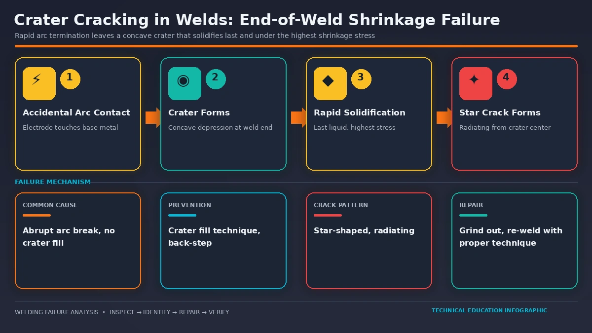 Crater cracking formation process at the end of a weld