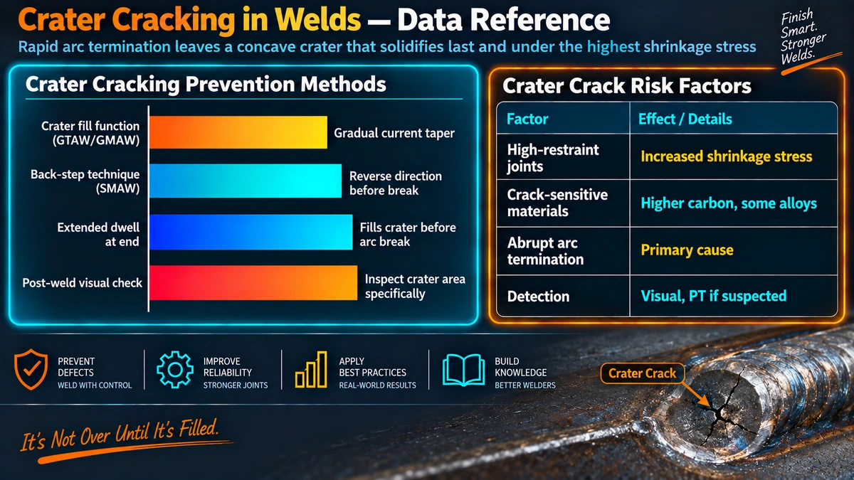 Crater cracking prevention methods and risk factors