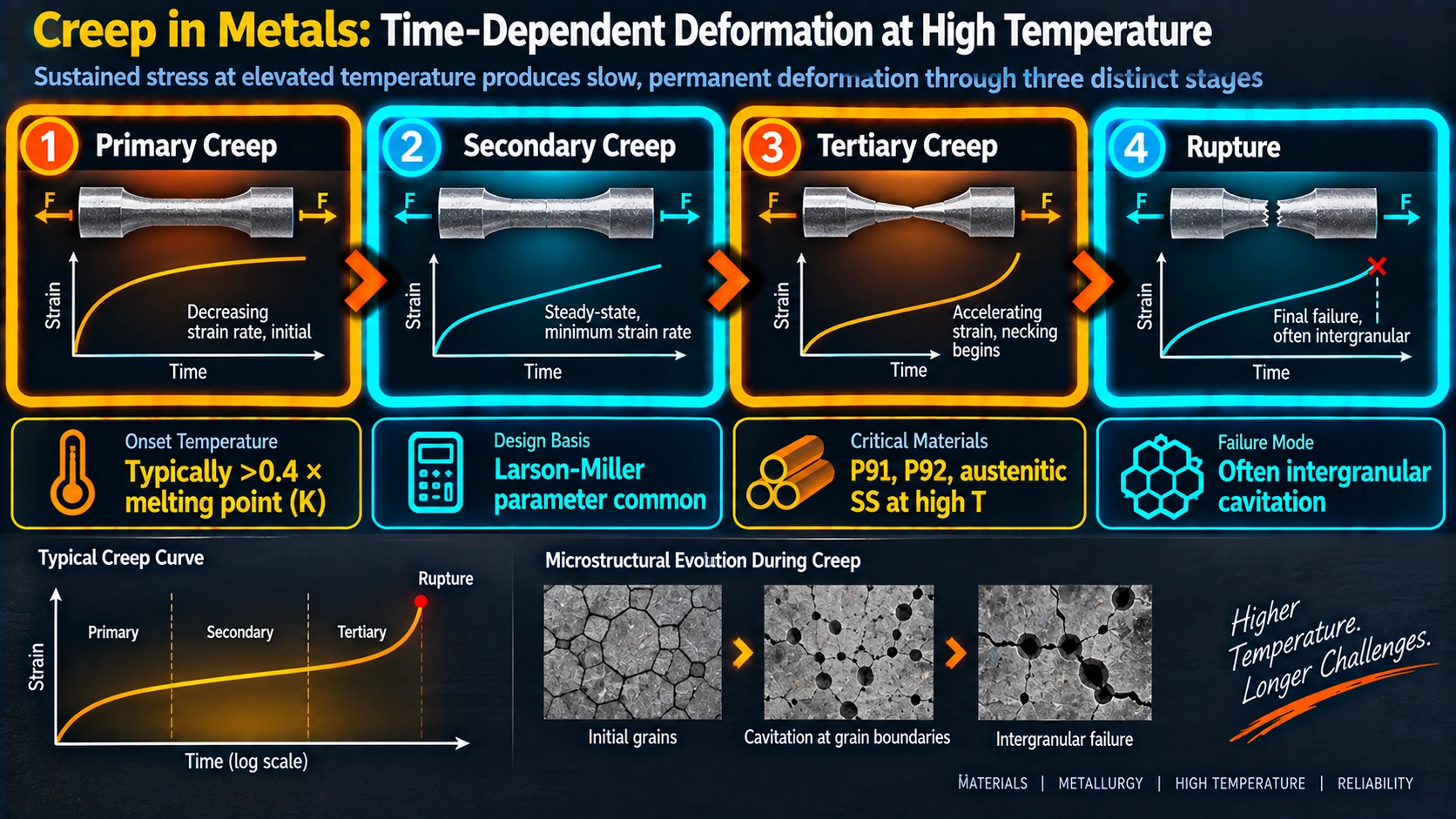 Creep deformation stages in metals: primary, secondary, and tertiary creep to rupture
