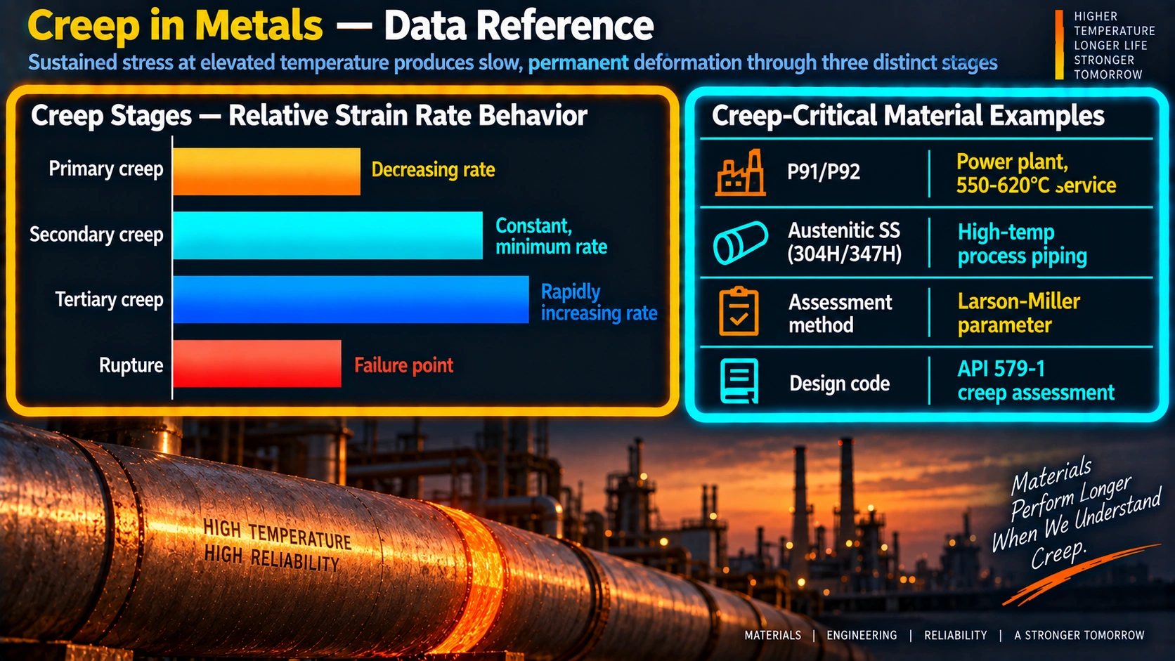 Creep stages strain rate behavior and creep-critical material examples