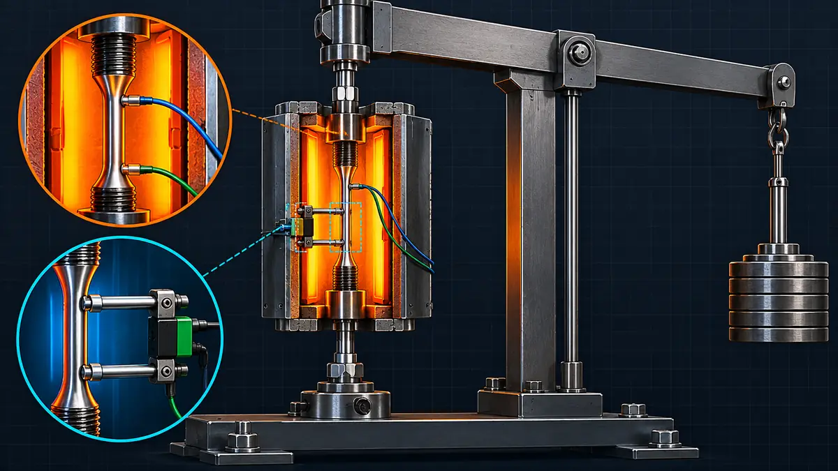 Lever-arm creep test frame with split furnace, thermocouples and extensometer around a round tensile specimen