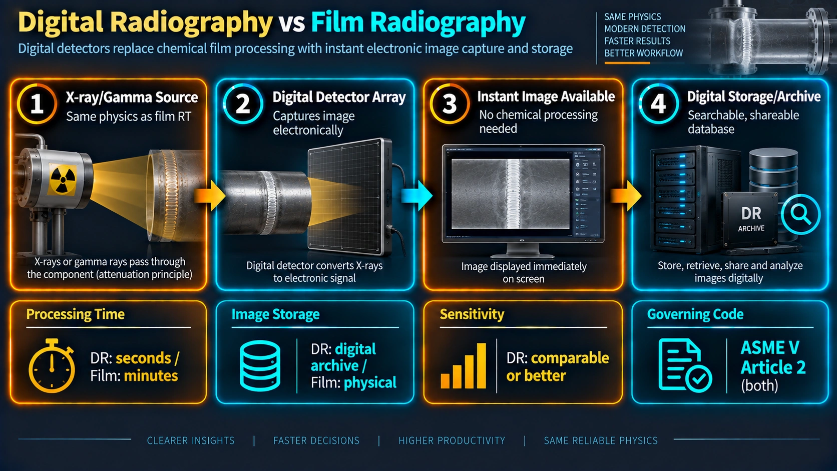 Digital radiography process compared to traditional film radiography