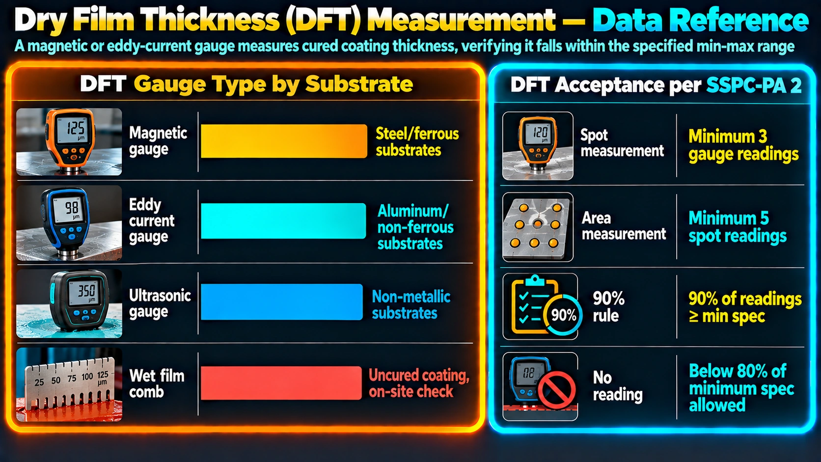 DFT gauge type by substrate and SSPC-PA 2 acceptance criteria