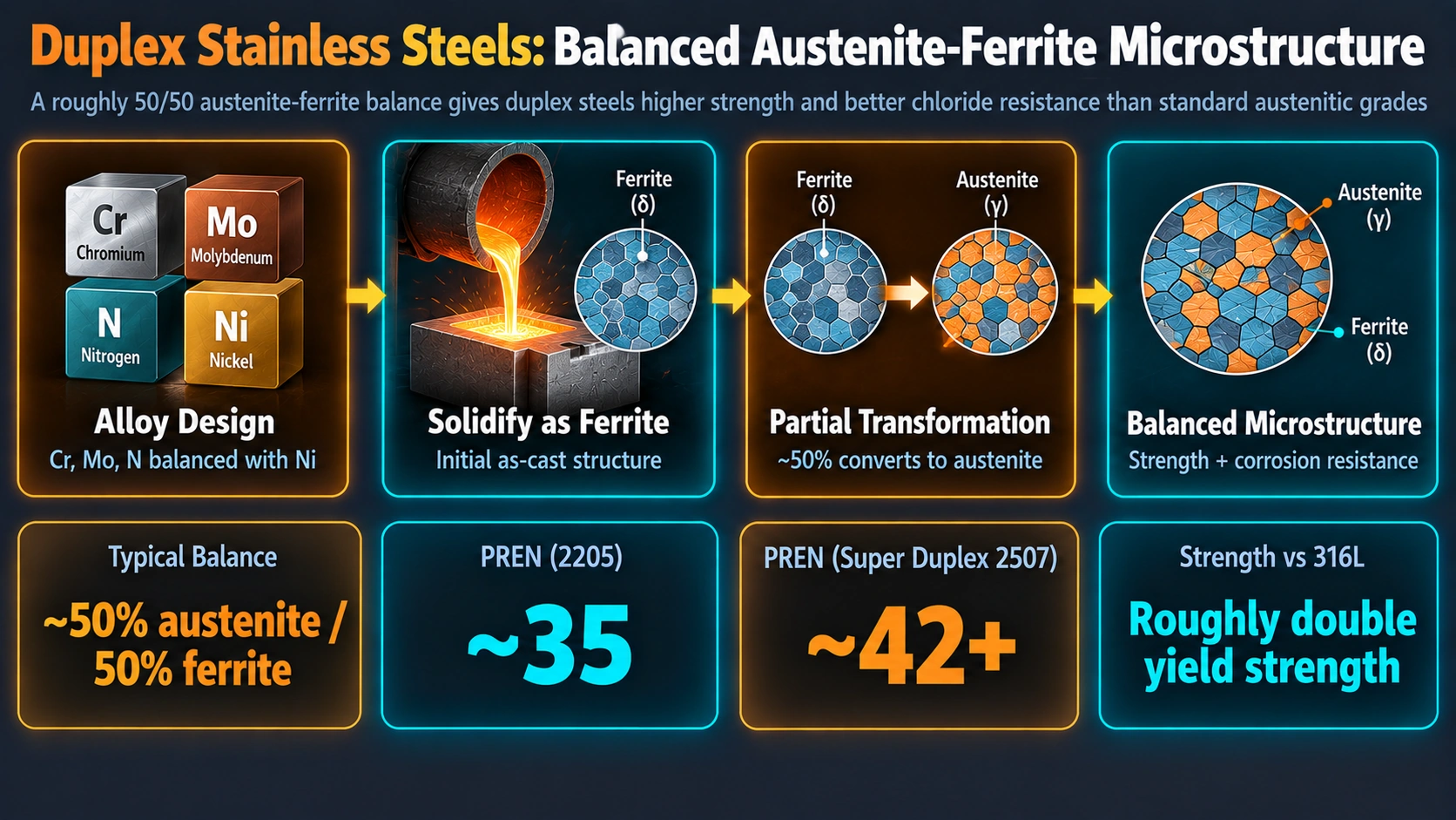 Duplex stainless steel balanced austenite-ferrite microstructure formation