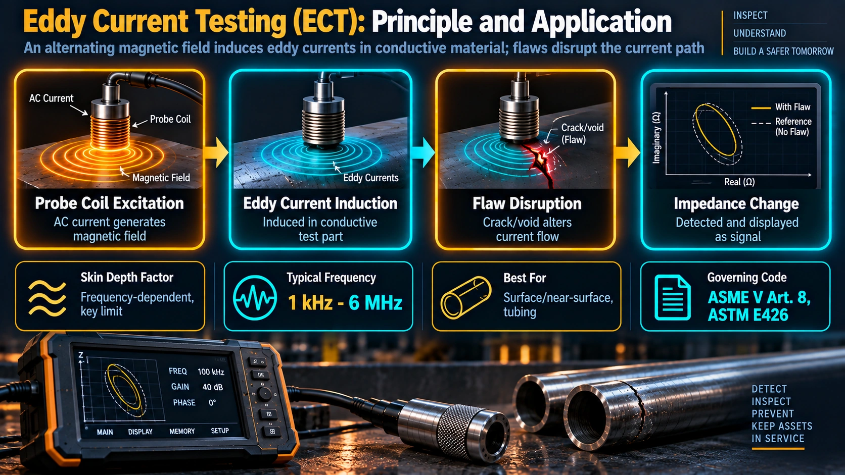 Eddy current testing principle: probe coil excitation, induced current, flaw disruption, impedance change