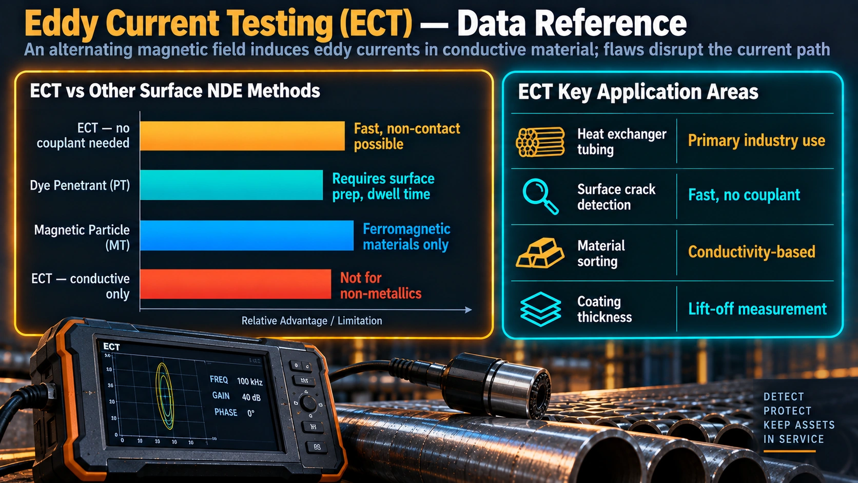 Eddy current testing compared to dye penetrant and magnetic particle inspection methods