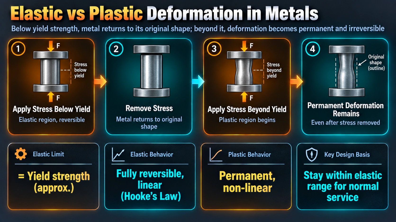 Elastic versus plastic deformation process in metals under stress