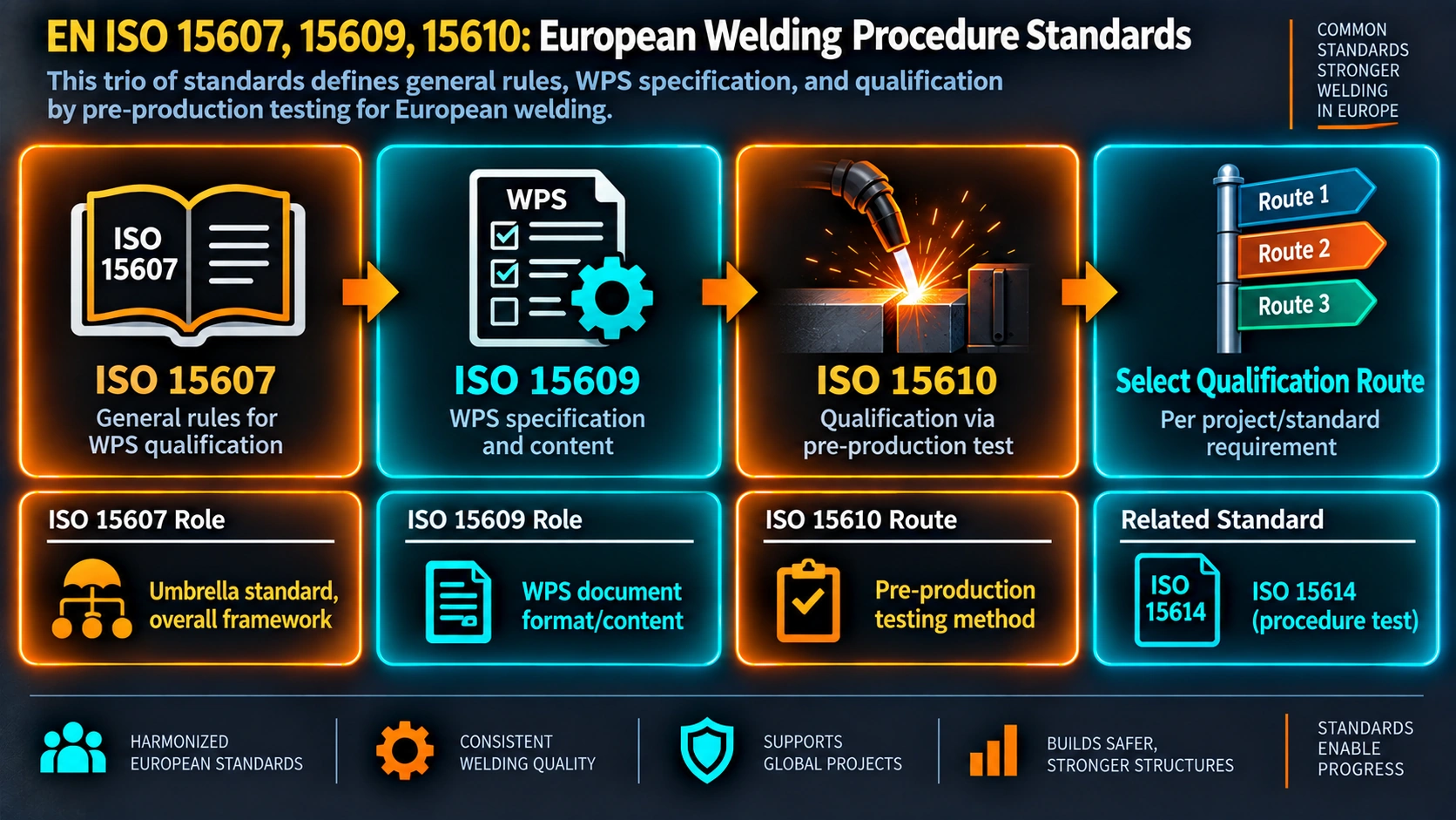 EN ISO 15607 15609 15610 European welding procedure standards relationship