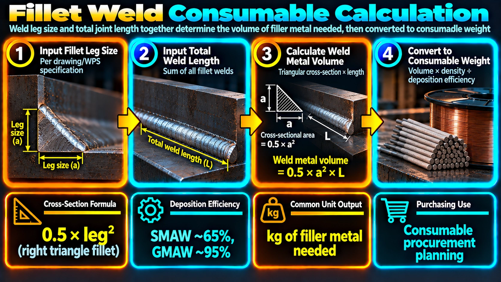 Fillet weld consumable calculation process from leg size and length
