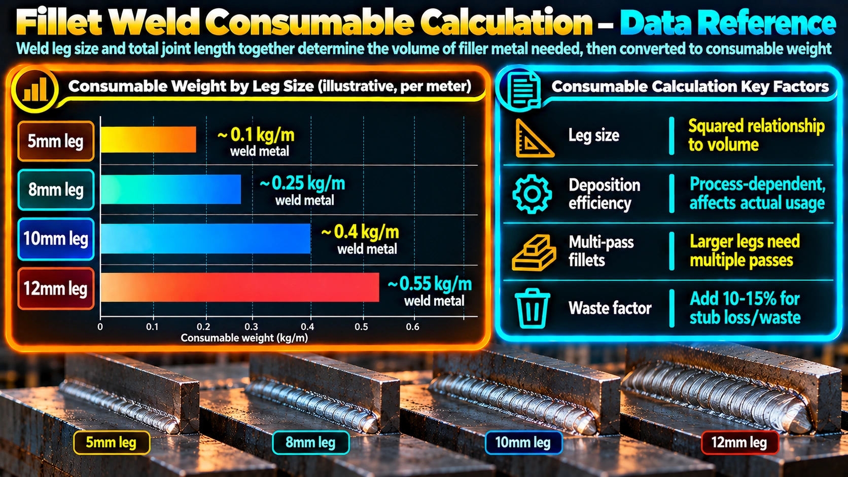 Consumable weight by leg size and calculation key factors
