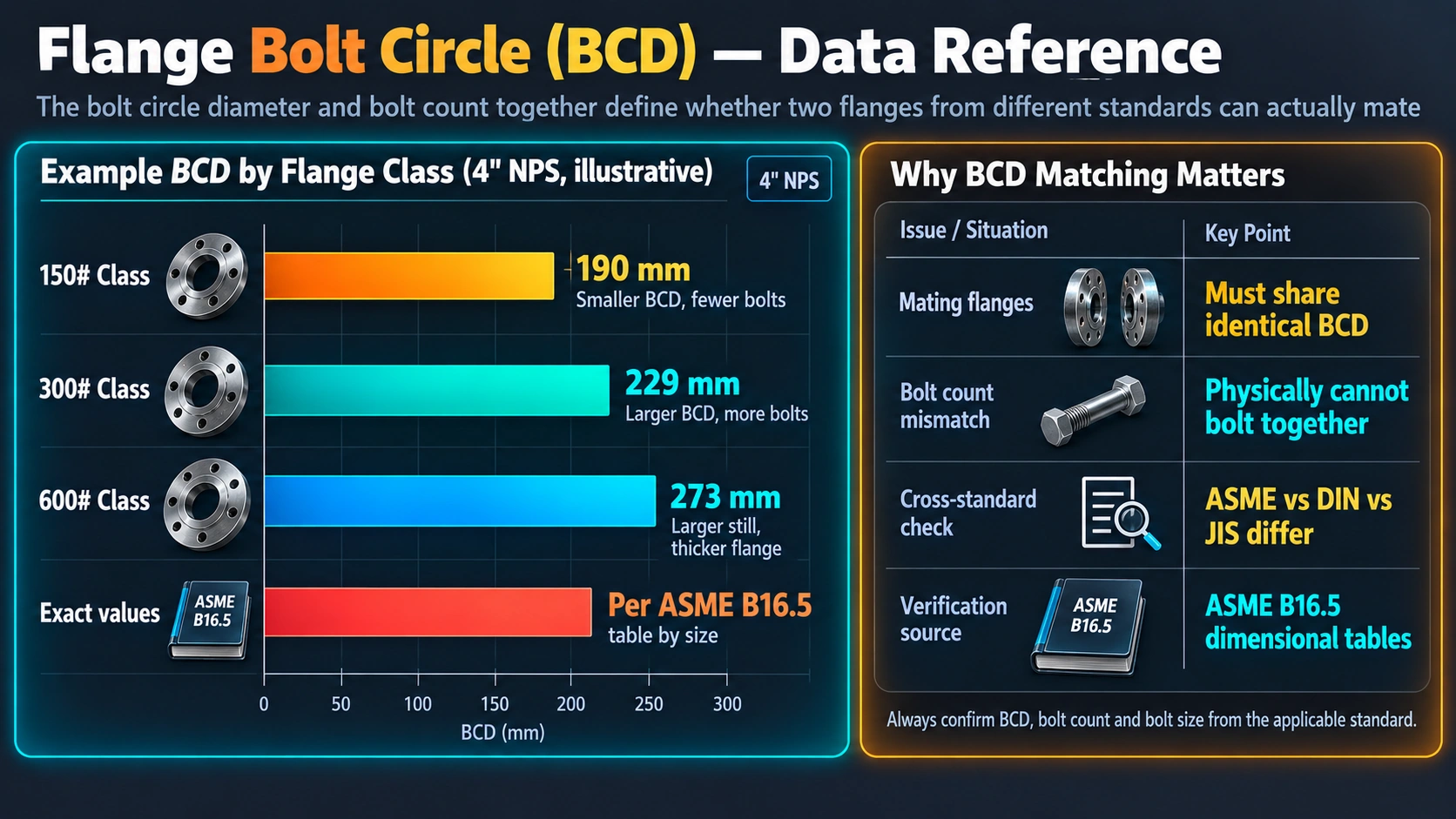 Flange bolt circle diameter by class and why BCD matching matters
