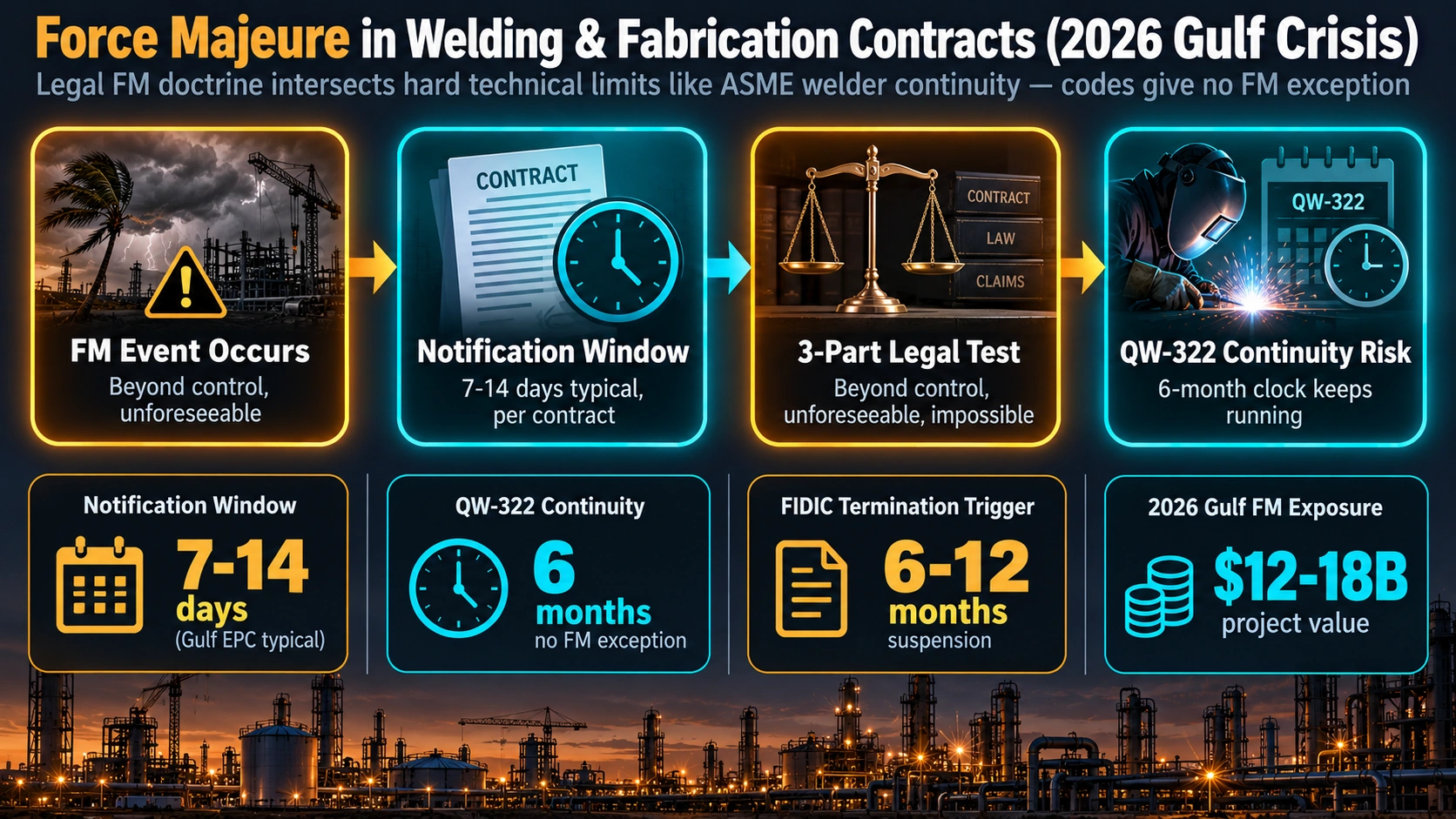 Force majeure event timeline in Gulf welding contracts showing notification window and ASME welder continuity risk