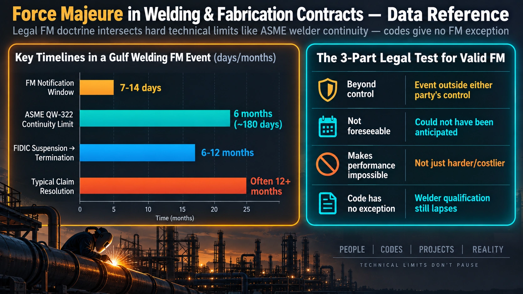 Key contractual timelines and the three-part legal test for valid force majeure in welding contracts
