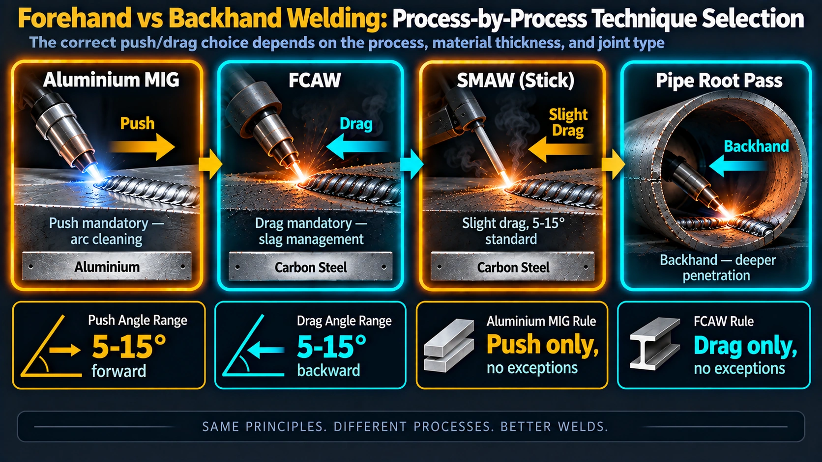 Forehand versus backhand welding technique selection by process: MIG, FCAW, SMAW, GTAW