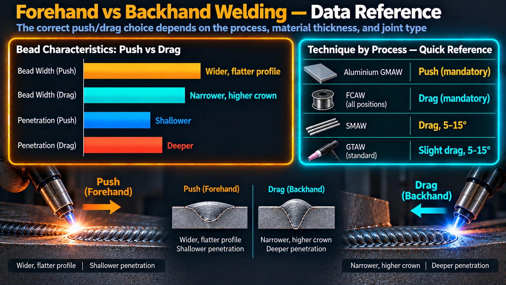 Weld bead width and penetration comparison between push and drag welding technique