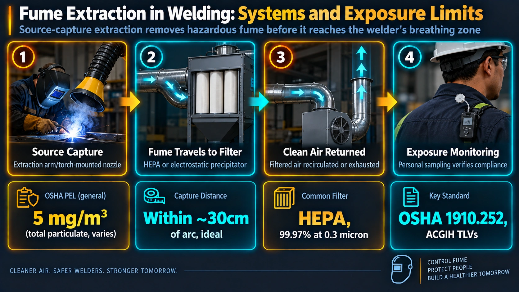 Welding fume extraction system process from source capture to filtered air return