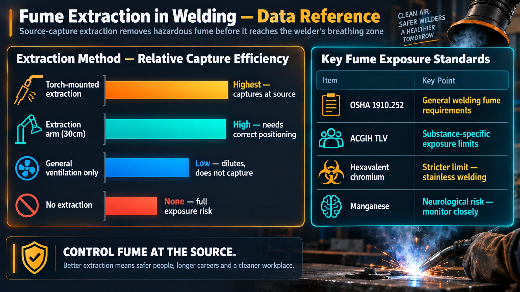 Welding fume extraction method capture efficiency and key exposure standards