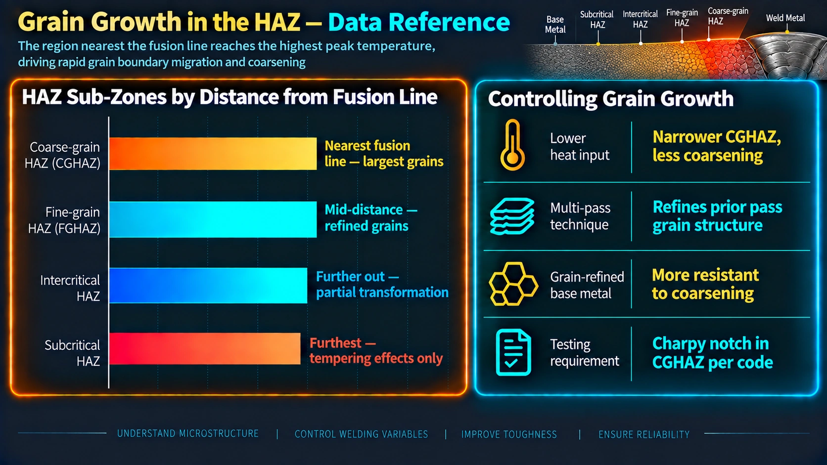 Heat affected zone sub-zones by distance from fusion line and grain growth control