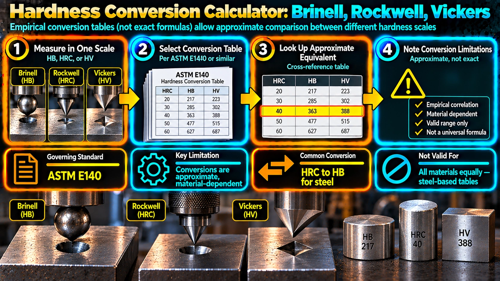 Hardness conversion process between Brinell Rockwell and Vickers scales