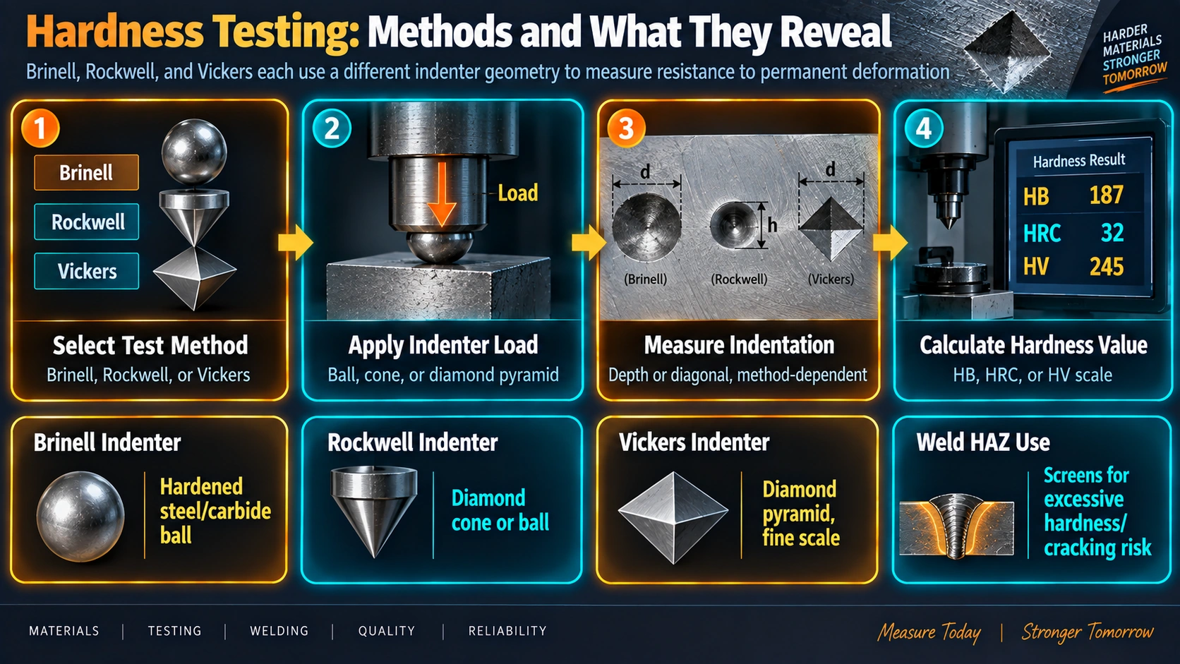 Hardness testing methods showing Brinell, Rockwell, and Vickers indentation