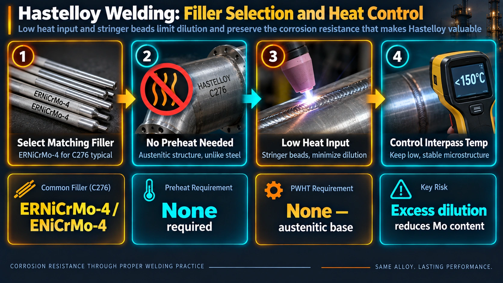 Hastelloy welding procedure showing filler selection and heat input control