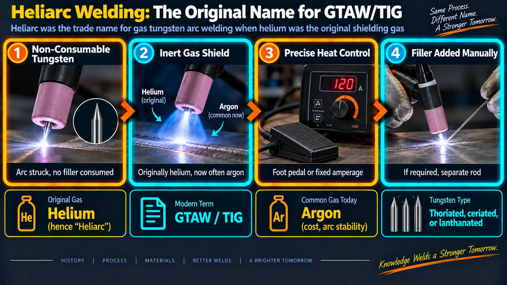 Heliarc welding process steps, the original trade name for gas tungsten arc welding