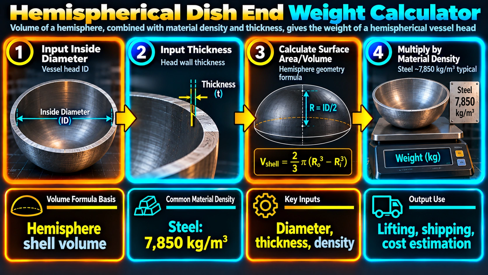 Hemispherical dish end weight calculation process