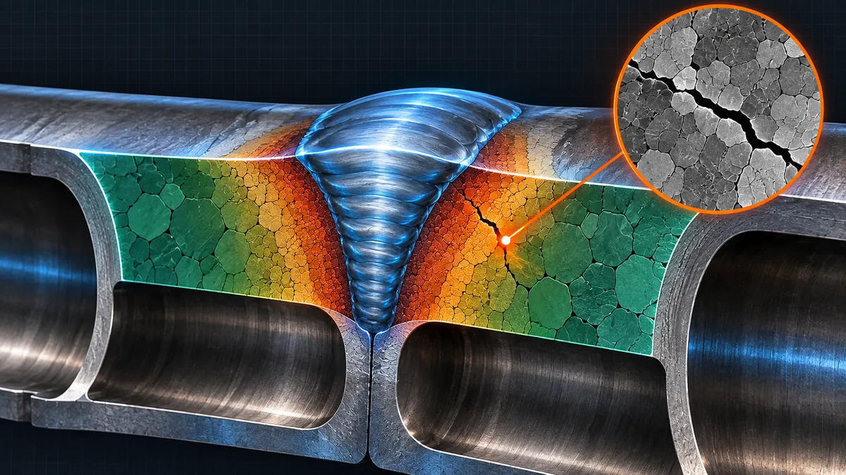 Technical illustration of a welded joint cross-section showing heat-affected zone softening and Type IV cracking location in creep service