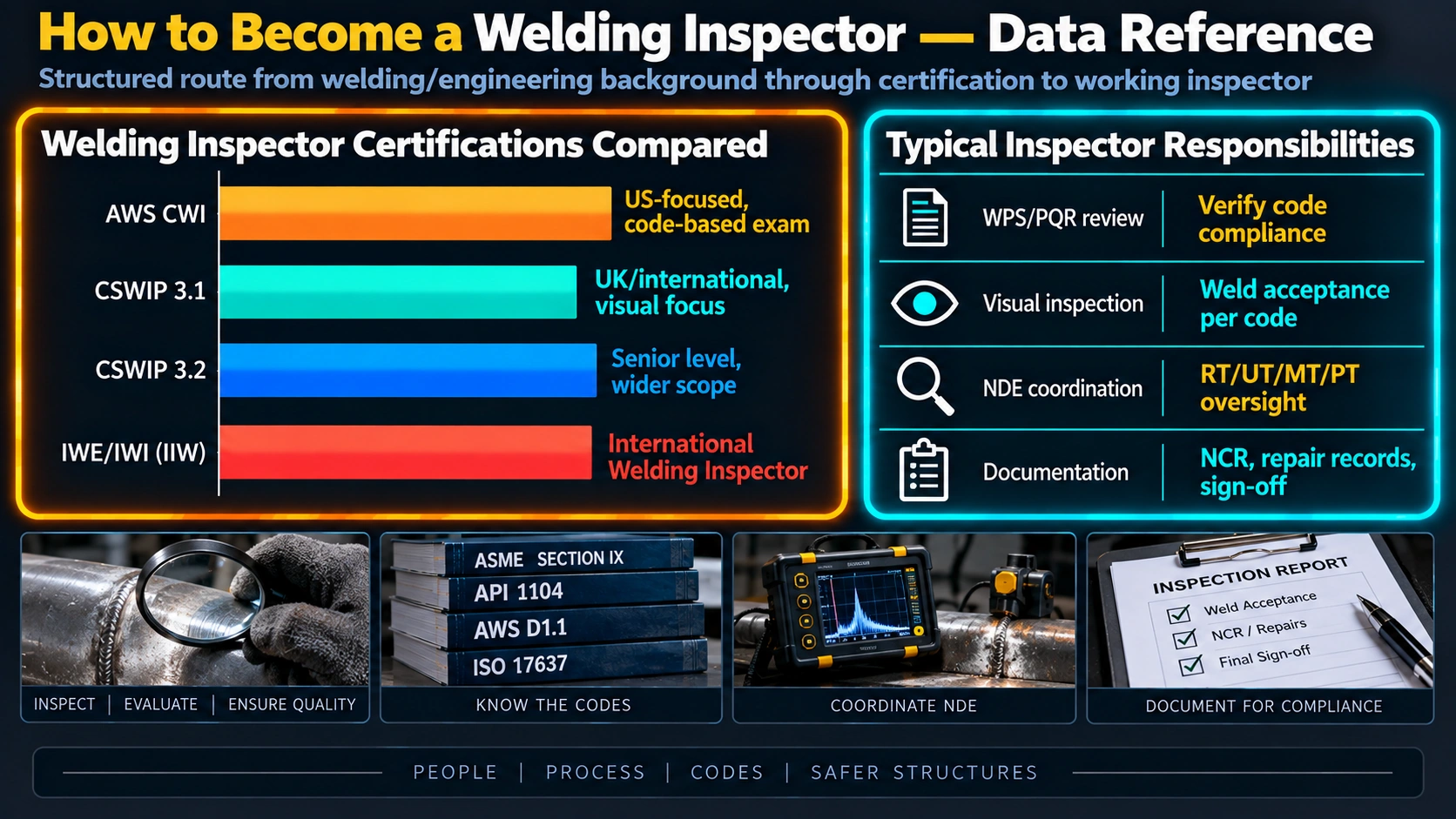 Welding inspector certifications compared: AWS CWI, CSWIP 3.1, CSWIP 3.2, IWE/IWI
