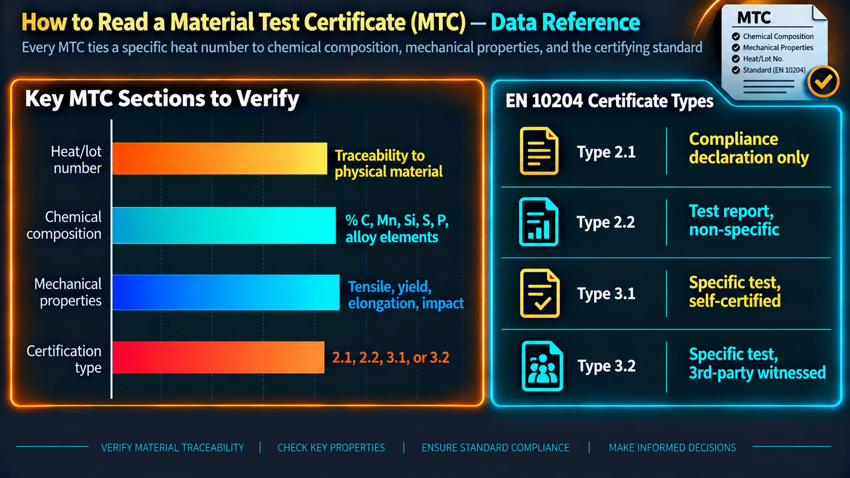 EN 10204 material test certificate types compared