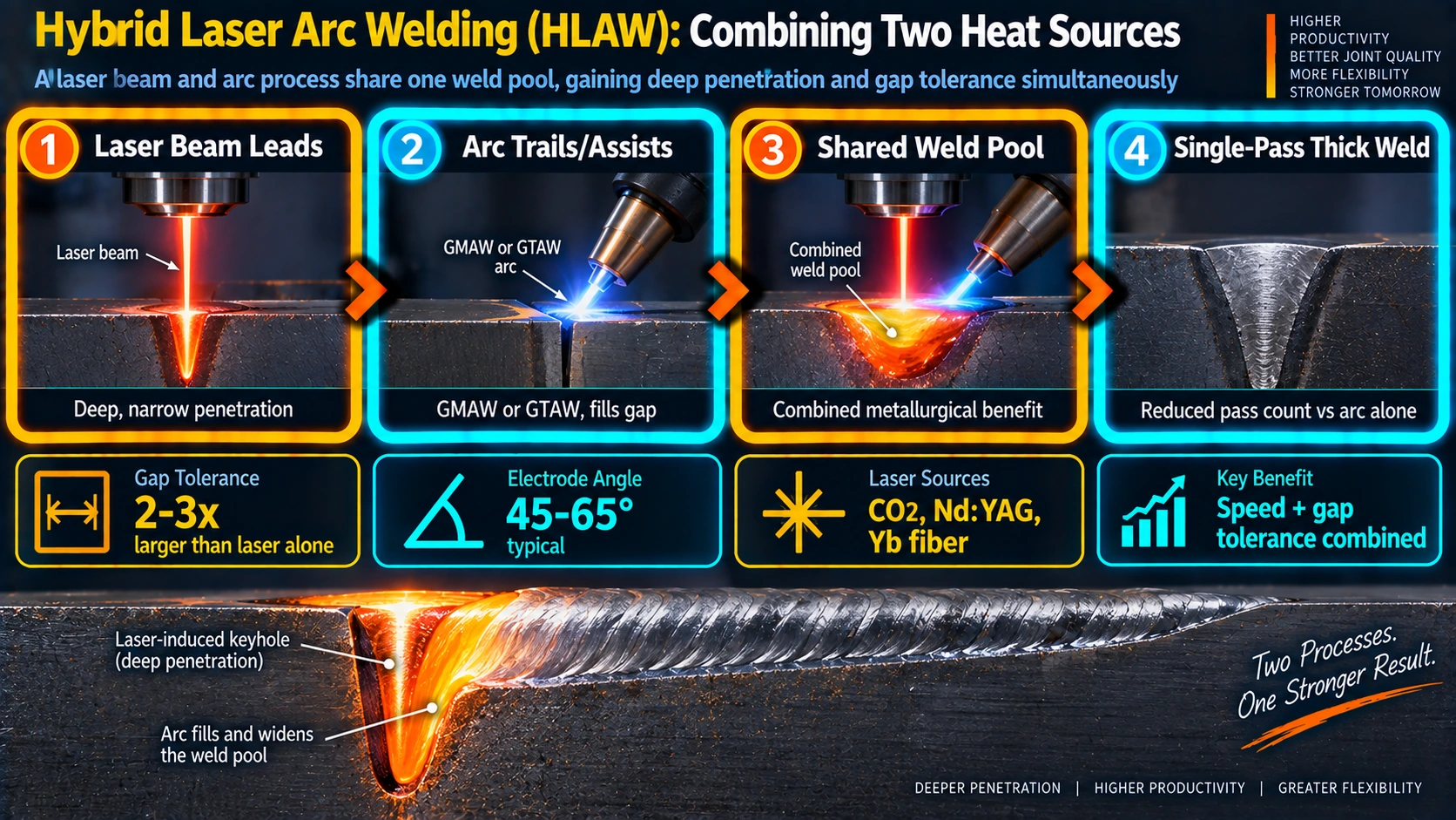 Hybrid laser arc welding process combining laser beam and arc in one weld pool