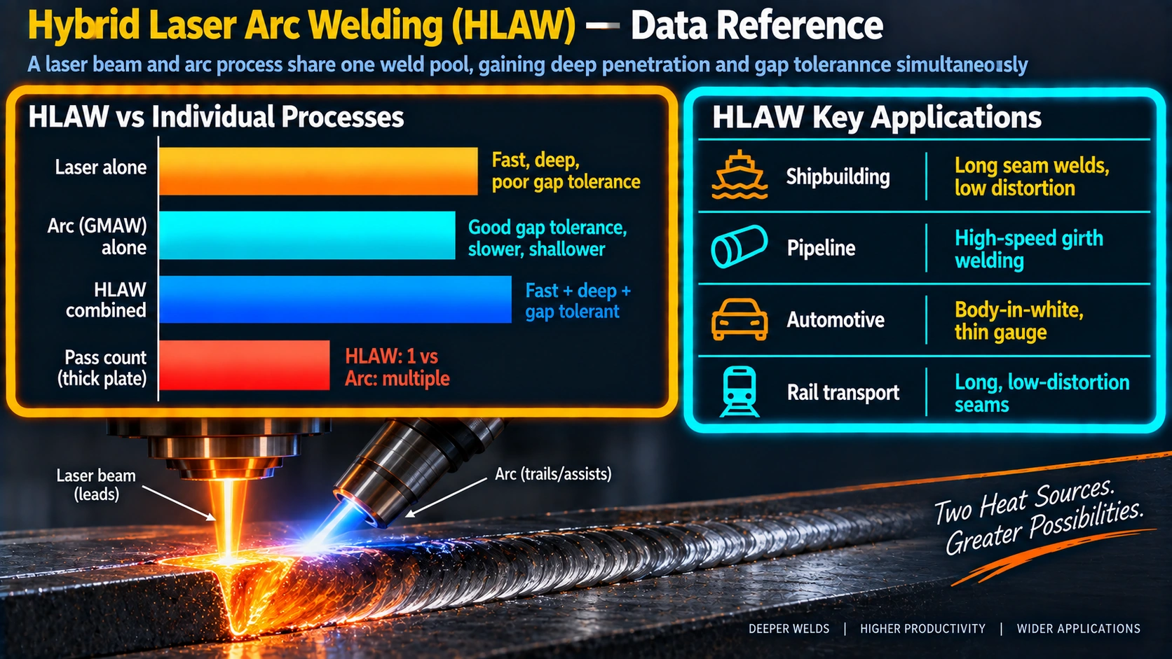 Hybrid laser arc welding compared to laser alone and arc alone, with key applications