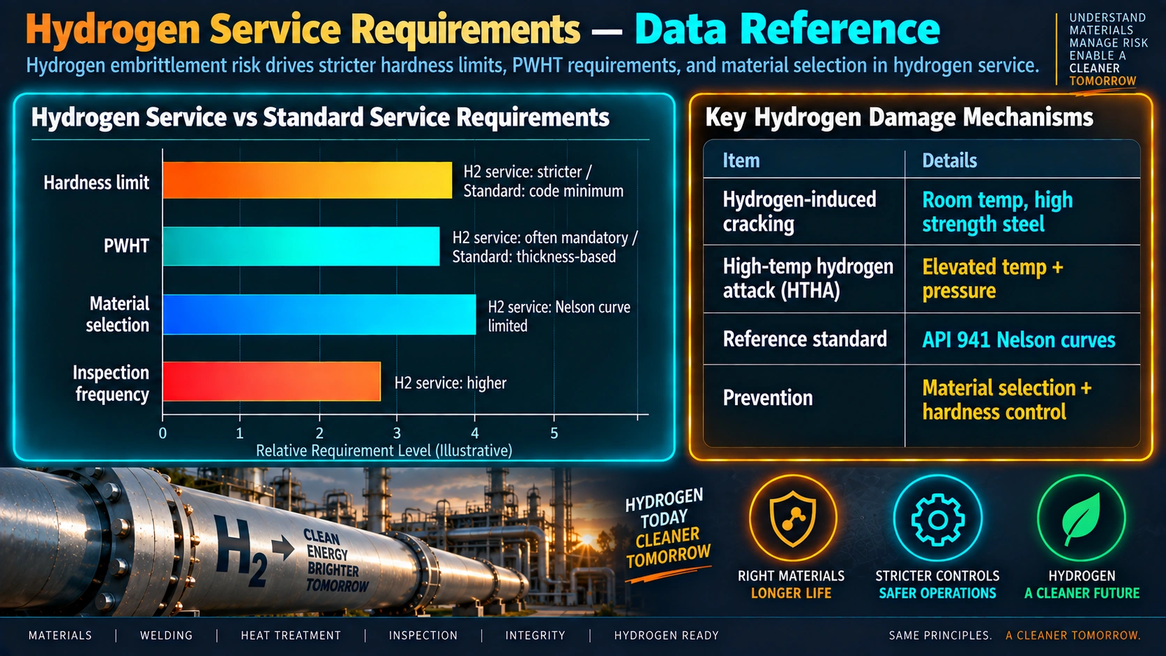 Hydrogen service versus standard service requirements and key damage mechanisms