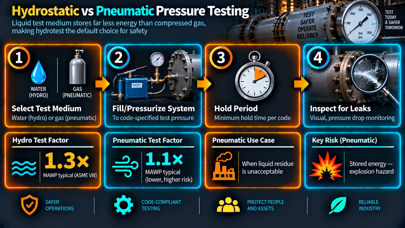 Hydrostatic versus pneumatic pressure testing process comparison