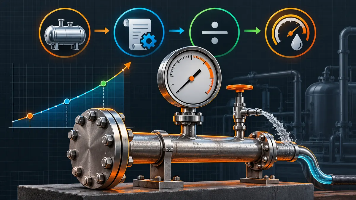 Overview diagram showing hydrotest pressure calculation steps for ASME B31.3 piping and Section VIII pressure vessels