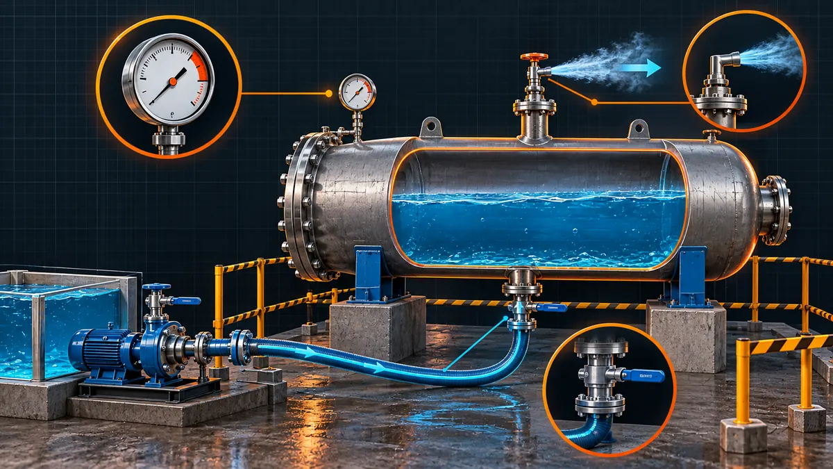 Technical illustration of a pressure vessel hydrostatic test setup with gauges, vent, and staged pressurization