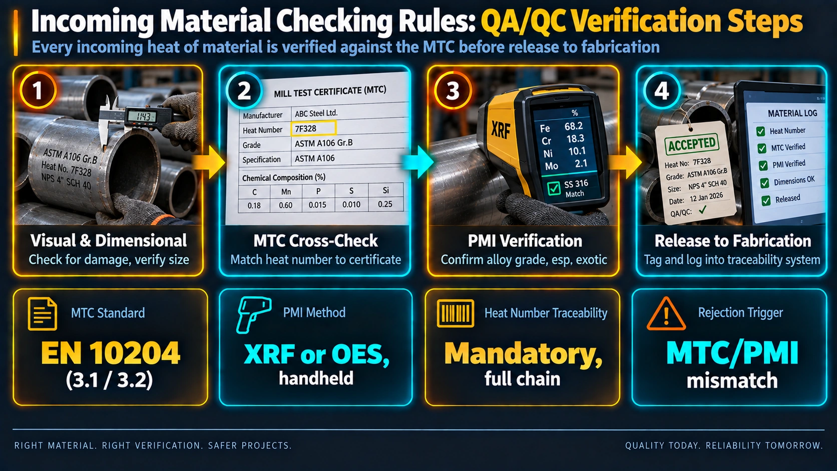 Incoming material checking process from visual inspection through MTC and PMI verification
