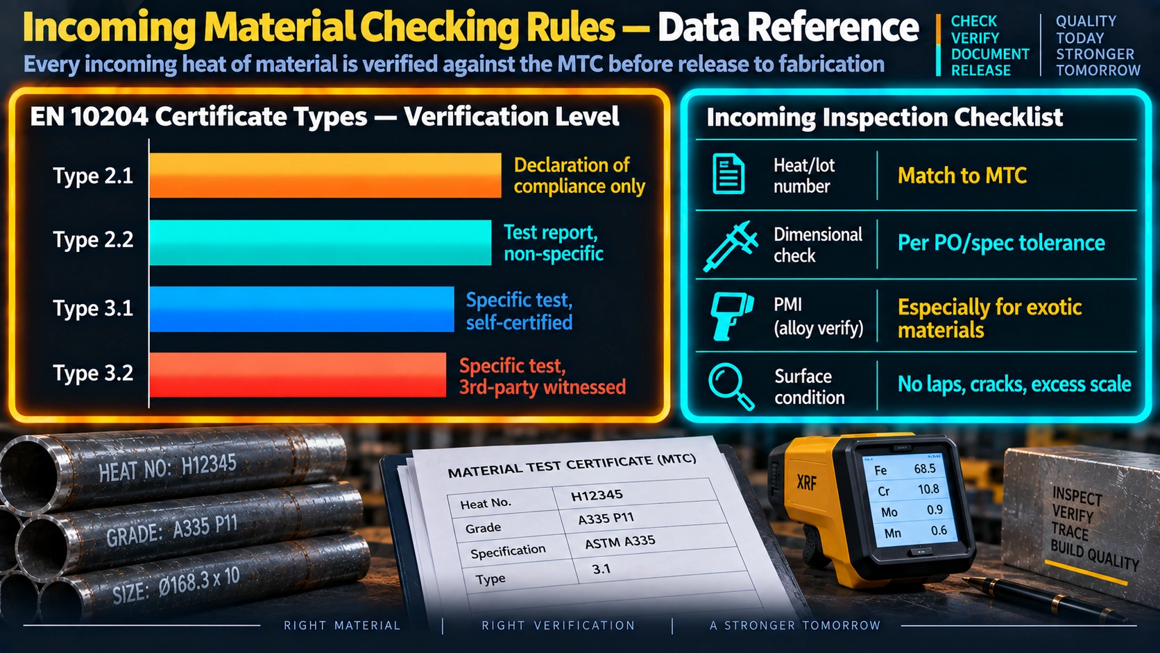 EN 10204 material certificate types compared: 2.1, 2.2, 3.1, and 3.2