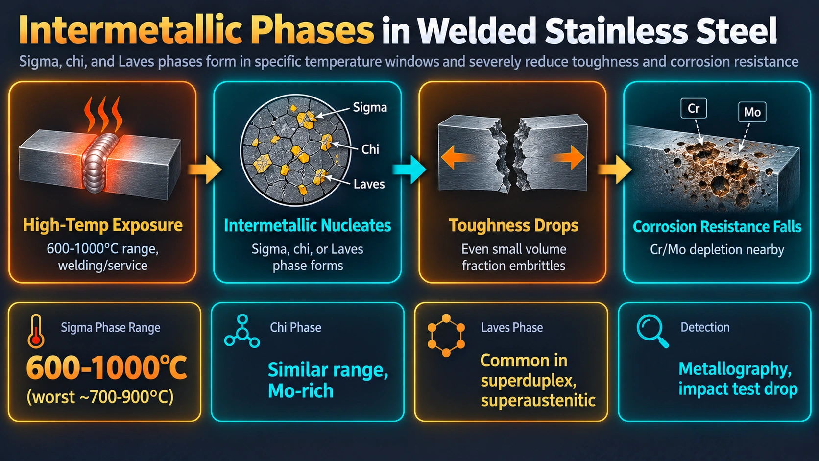 Intermetallic phase formation in welded stainless steel including sigma, chi, and Laves phases