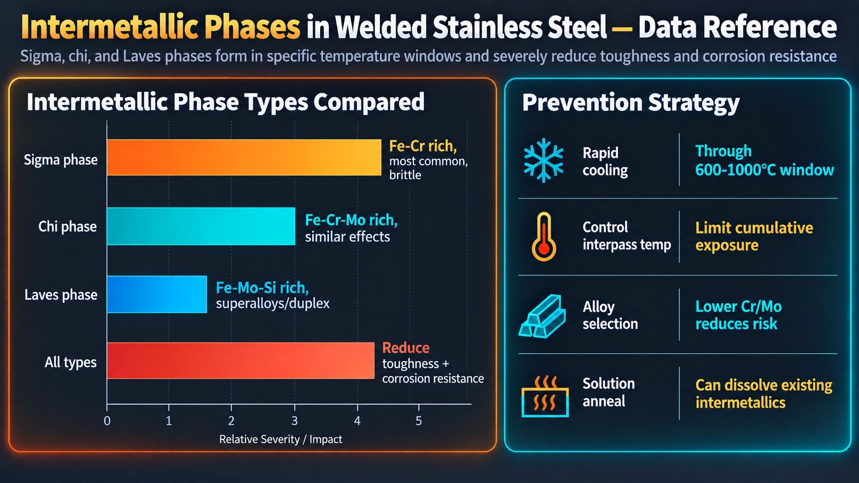 Intermetallic phase types compared and prevention strategy for stainless steel welds
