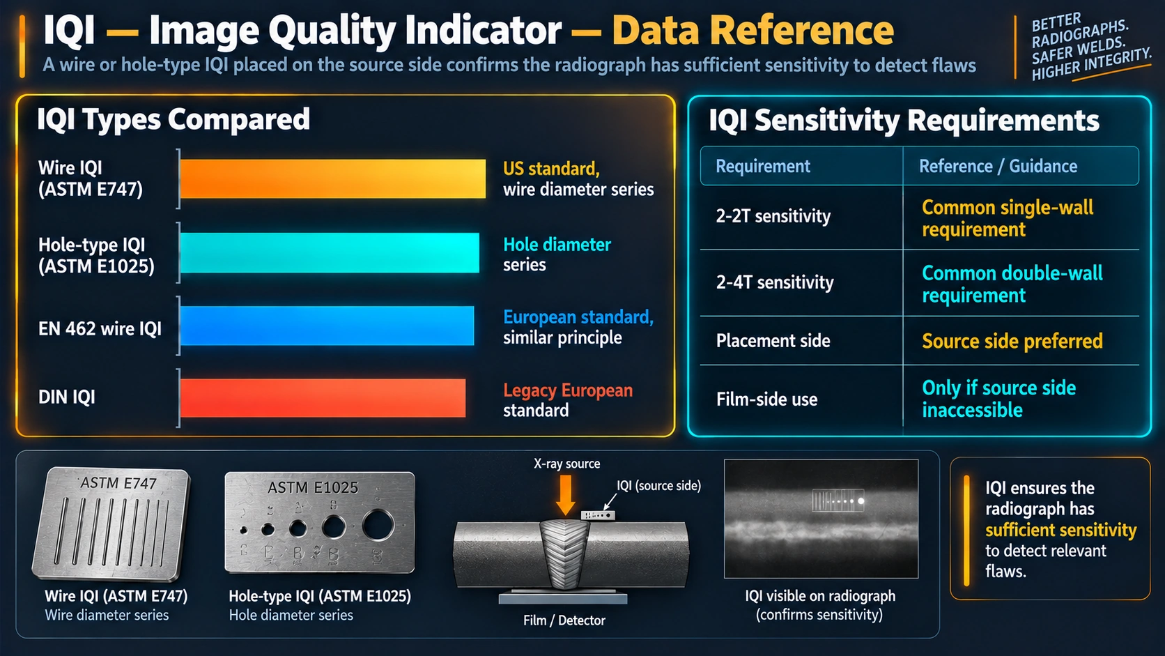 Image quality indicator types and radiographic sensitivity requirements compared