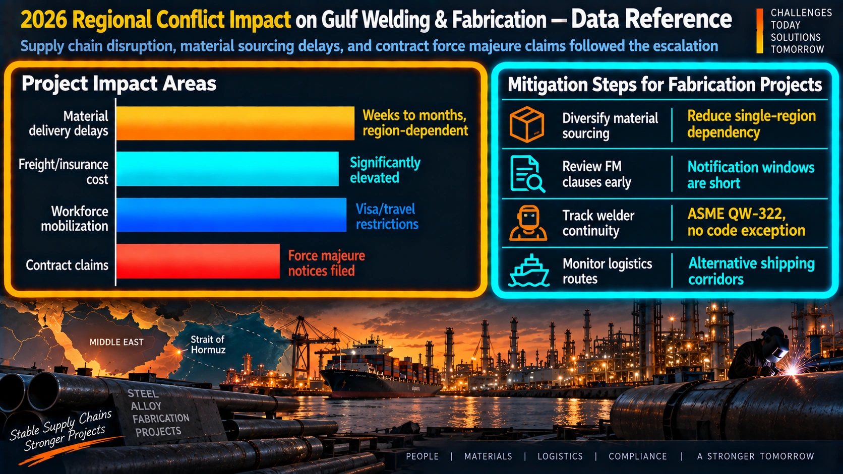 Project impact areas and mitigation steps for fabrication projects during regional disruption