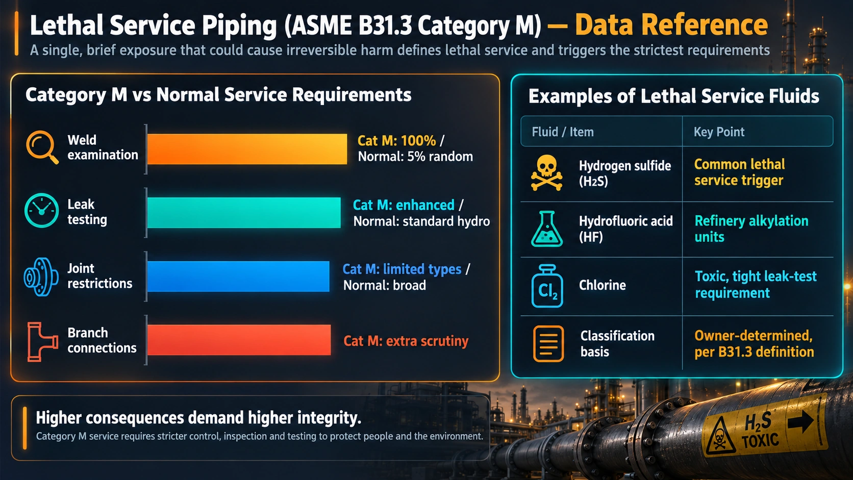 Lethal service Category M requirements compared to normal service piping