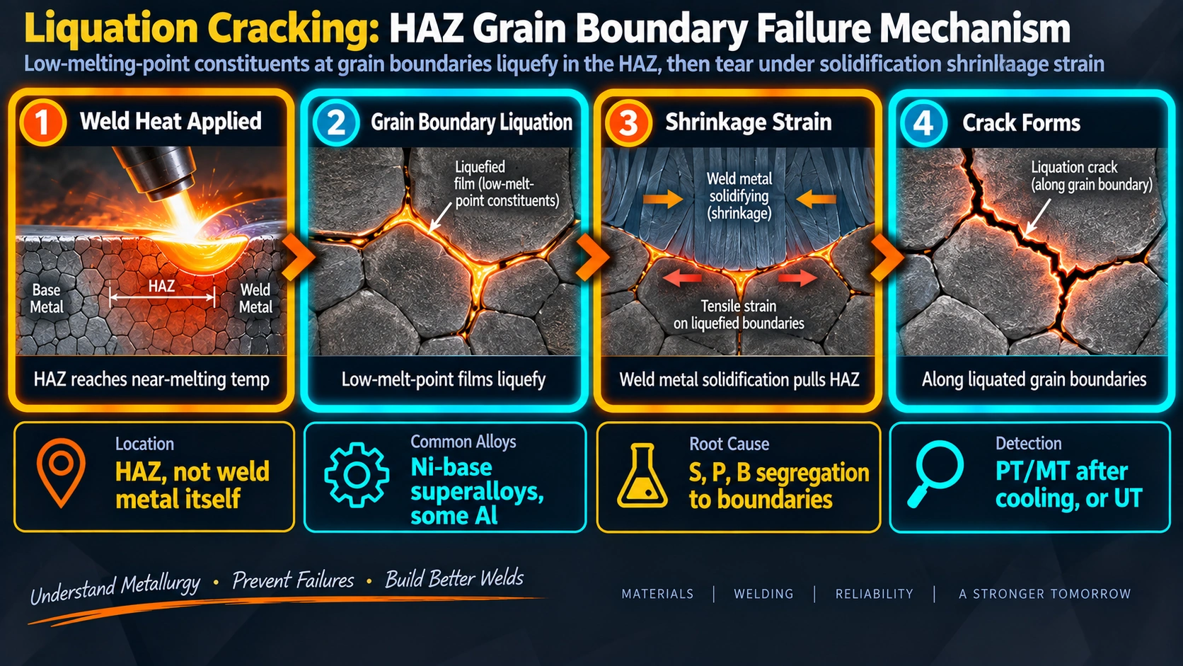 Liquation cracking mechanism showing grain boundary liquation in the heat affected zone