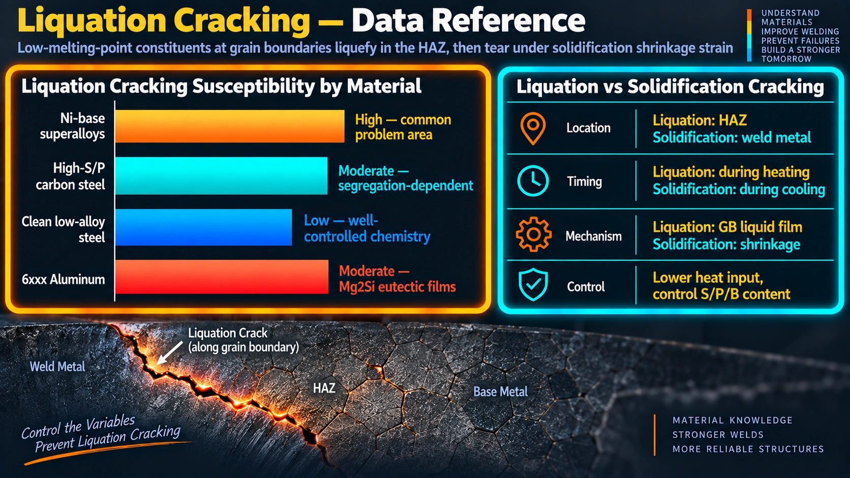 Liquation cracking susceptibility by material and comparison to solidification cracking