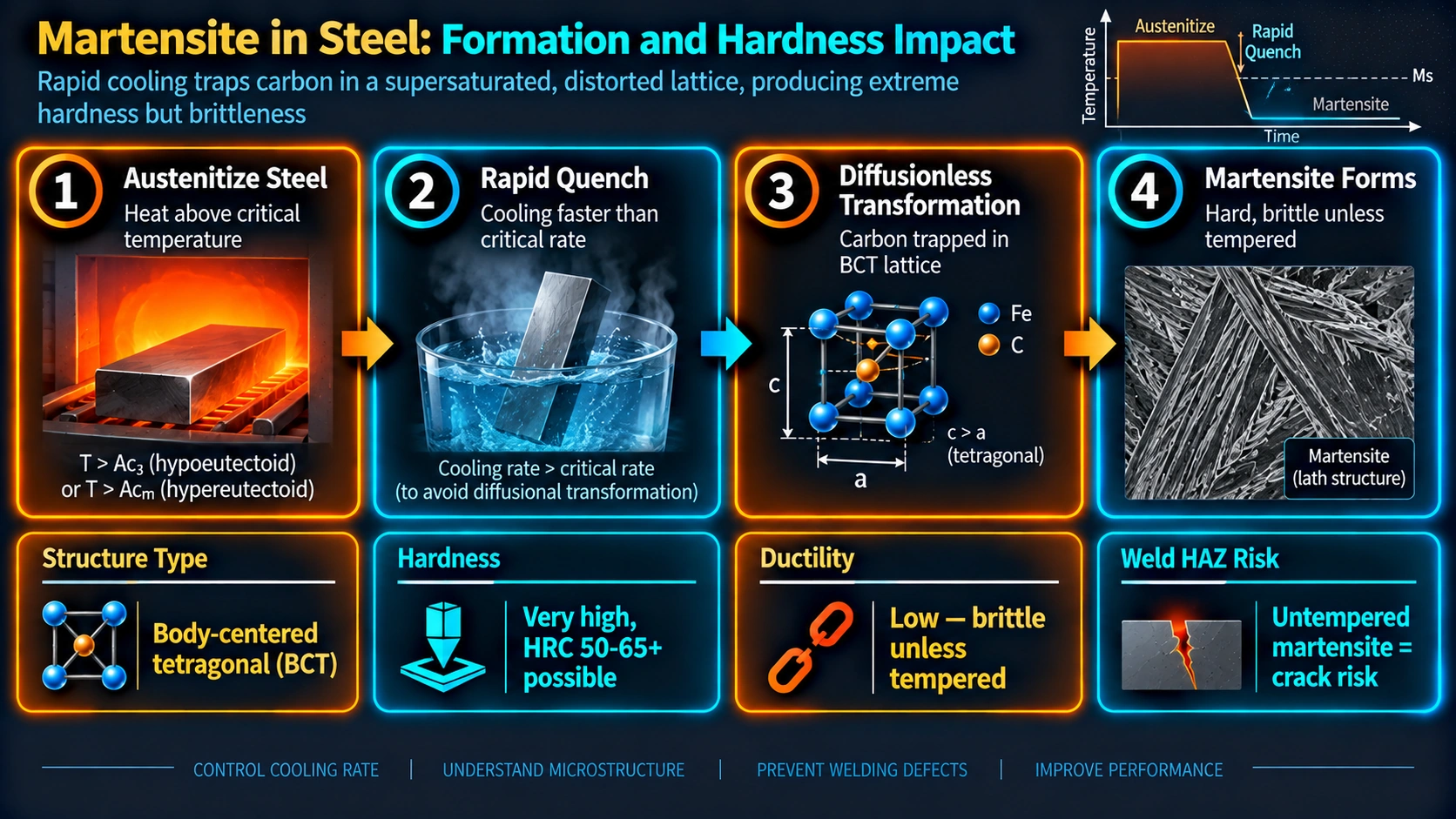 Martensite formation process in steel through rapid quenching