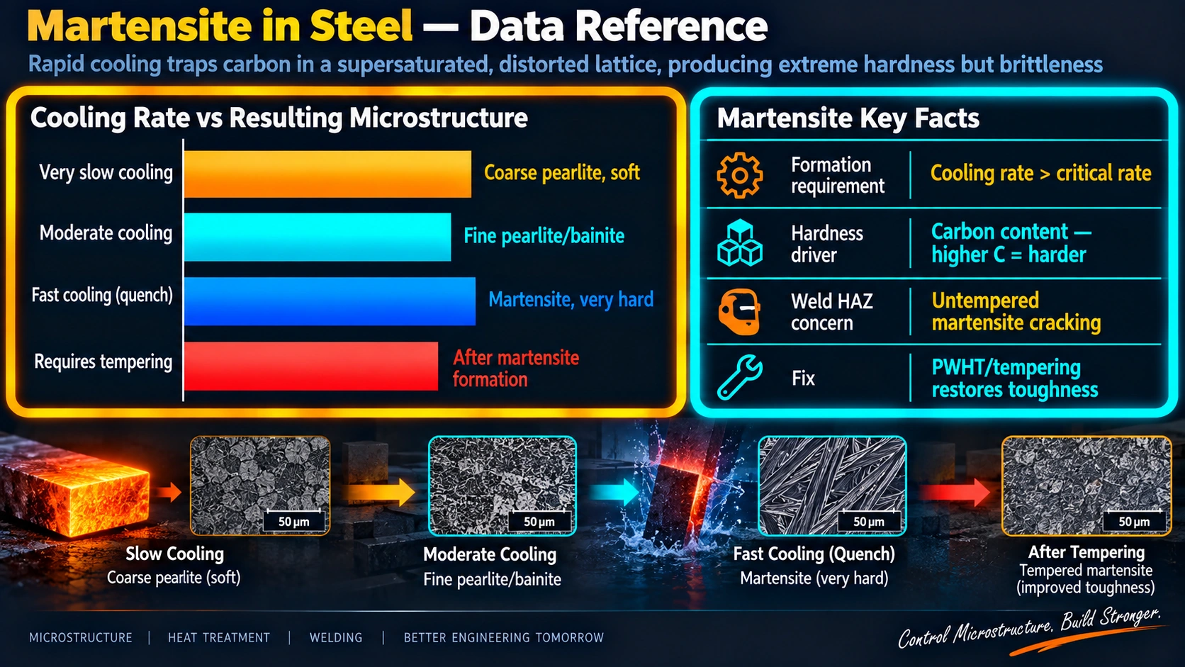 Cooling rate versus resulting steel microstructure and martensite key facts