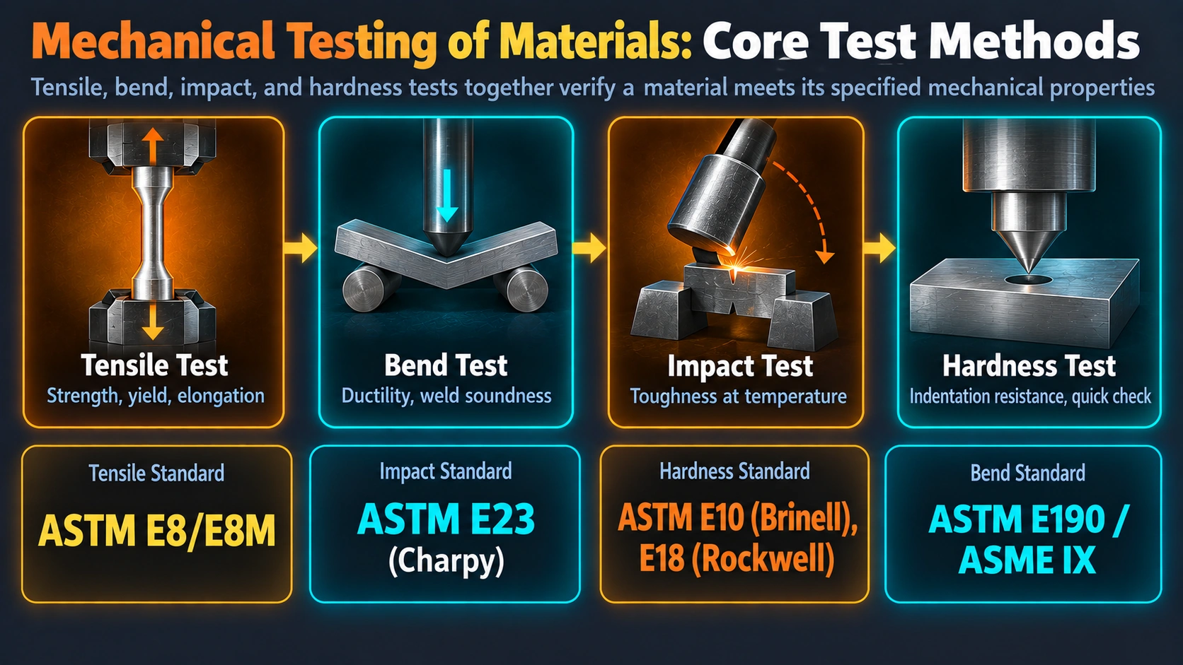 Mechanical testing methods for materials: tensile, bend, impact, hardness