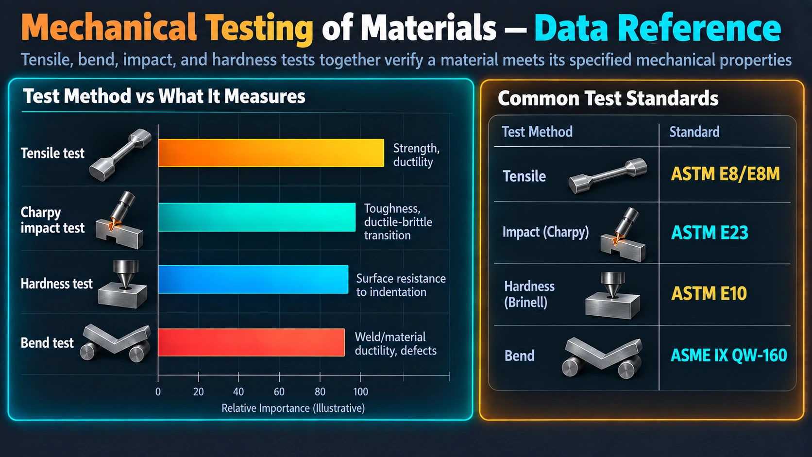 Mechanical test method versus what it measures and standard references
