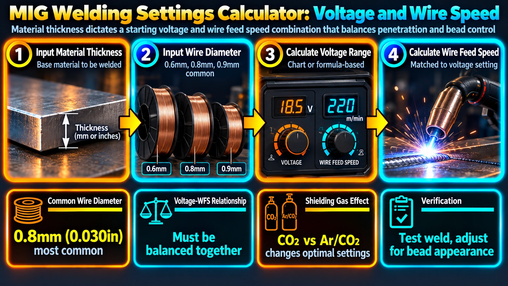 MIG welding settings calculator process for voltage and wire speed